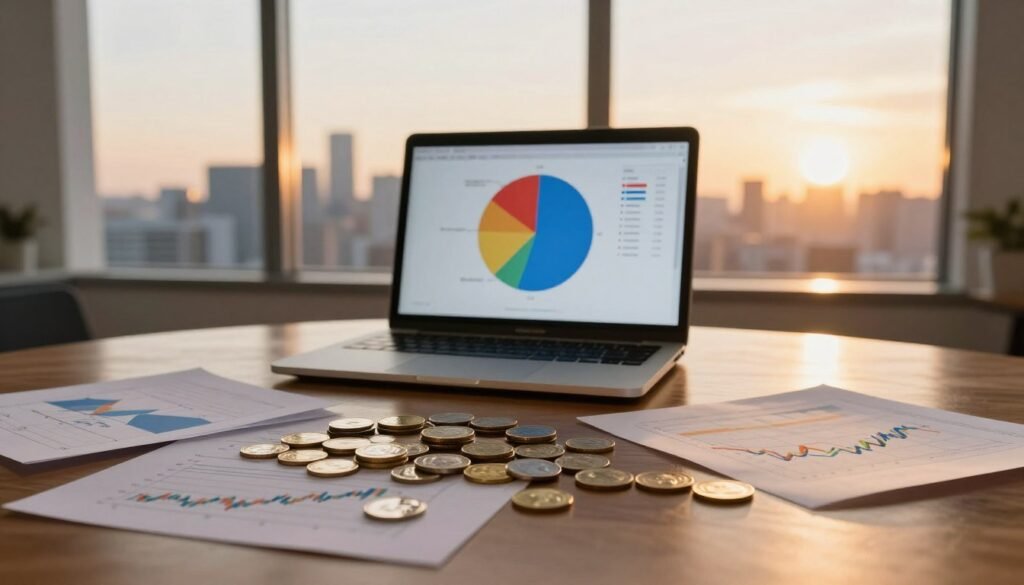 A visually striking image representing portfolio diversification strategies, featuring an elegant wooden desk in the foreground with a variety of precious metal coins (gold and silver) meticulously arranged alongside financial charts and graphs. In the middle, a laptop displays a colorful portfolio allocation pie chart, symbolizing diversification. The background showcases a large window with a panoramic view of a city skyline at sunset, casting warm golden light across the scene, creating a sense of optimism and stability. The composition emphasizes corporate professionalism with subtle shadows and highlights, using a soft focus to enhance depth. The overall mood is sophisticated and informative, inviting viewers to consider strategic investment concepts without any distractions or text.