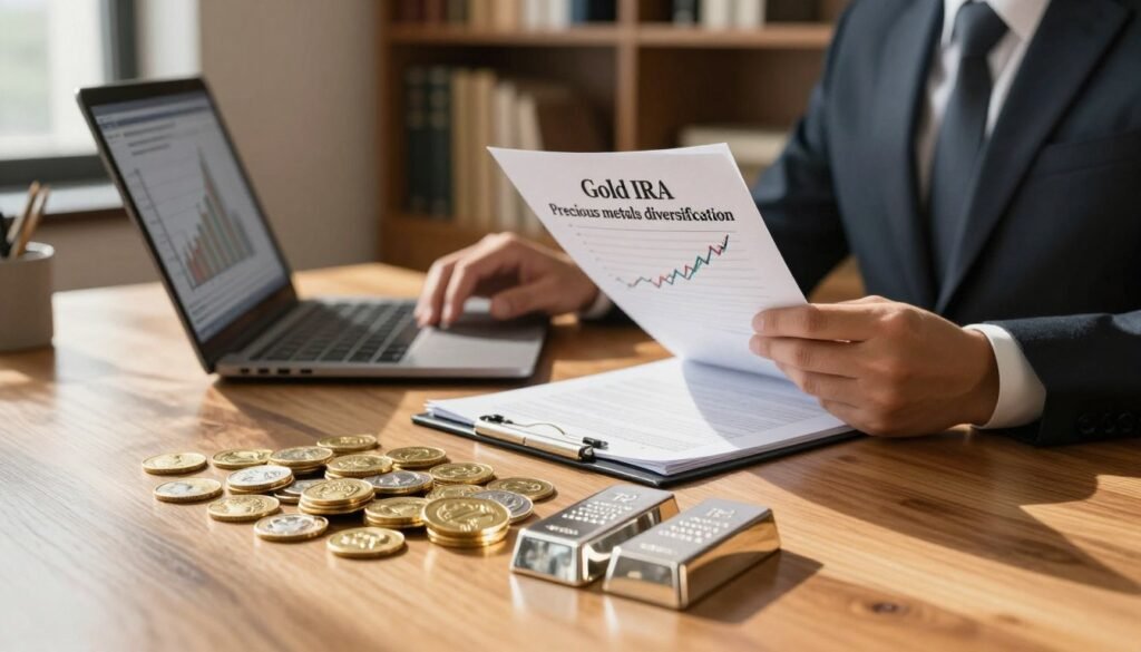 A visually striking scene representing the concept of "Gold IRA precious metals diversification." In the foreground, an elegant wooden desk displays a selection of gold coins, silver bars, and platinum ingots, neatly arranged to symbolize variety. In the middle ground, an open laptop shows a financial graph indicating growth, surrounded by ornate financial documents. A professional individual in a business suit examines the documents, conveying focus and determination. In the background, softly blurred shelves filled with books on finance and investing create an academic atmosphere. The lighting is warm and inviting, suggesting a sense of optimism about retirement savings, with sunlight streaming in through a window casting gentle shadows. The overall mood is professional and encouraging, emphasizing stability and wealth management.