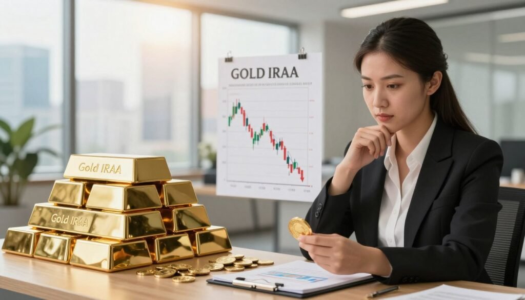A visually striking split-image concept illustrating the benefits and drawbacks of Gold IRAs. In the foreground, a well-dressed businesswoman is analyzing gold coins and investment charts, representing the advantages of Gold IRAs, with thoughtful expressions and a notepad. In the middle, contrasting elements show a stack of gold bars on one side and a declining stock market chart on the other, symbolizing the drawbacks. The background features a softly lit modern office with a large window revealing a cityscape, creating a professional atmosphere. The lighting is warm and inviting, enhancing the focus on the subject and items of interest, while a shallow depth of field draws attention to the foreground elements, creating a sense of clarity and importance around the themes of investment stability and risk.