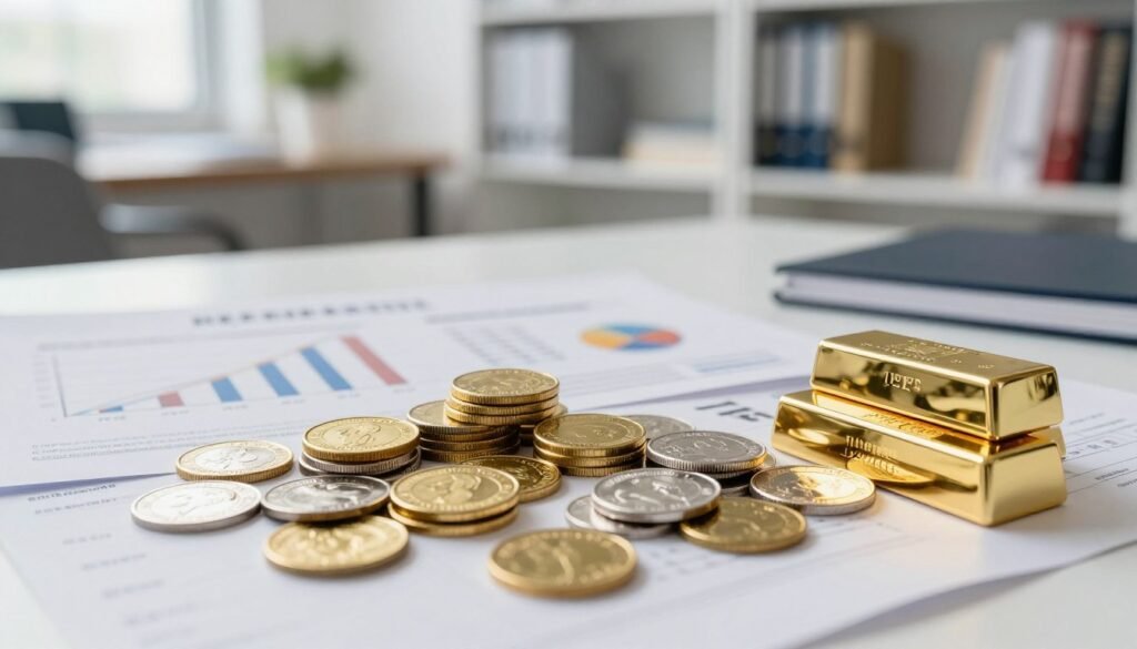 A well-arranged display of various investment vehicles specializing in precious metals, including gold and silver coins, bullion bars, and ETFs. In the foreground, focus on shiny gold and silver coins stacked neatly beside a few silver and gold bullion bars, reflecting warm light. The middle ground features a selection of investment brochures with graphs and prices, hinting at the market aspect. The background is softly blurred, showcasing a sleek office environment with shelves filled with reference books on precious metals and investing. Use soft, natural lighting to create an inviting atmosphere, while incorporating a slight bokeh effect to emphasize the precious metals in the foreground. The mood should convey professionalism, trust, and a sense of opportunity in investing.