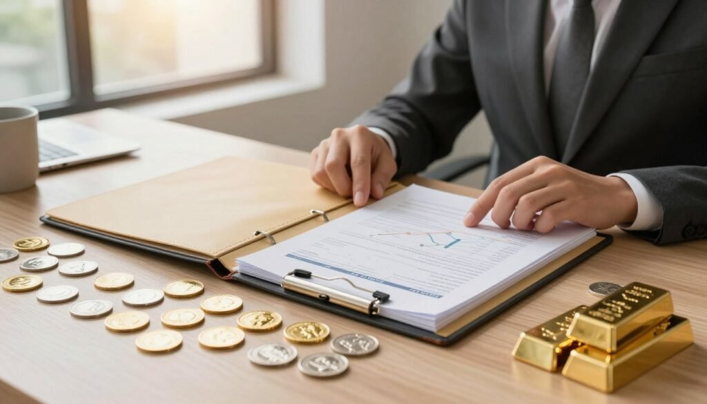 A well-organized desk setup featuring a gold and silver IRA investment scheme. In the foreground, display high-quality gold and silver coins and bars arranged neatly. The middle layer should include an elegant portfolio binder with financial documents and charts showcasing growth potential, emphasizing precious metals. In the background, place a large window allowing natural light to flood in, illuminating the scene with a warm glow. A professional individual in business attire is seated at the desk, reviewing the documents with a thoughtful expression, highlighting a serious yet optimistic mood. The overall atmosphere is one of professionalism, sophistication, and financial savvy, perfect for someone initiating their journey into precious metals investing. Camera angle should be slightly elevated for a comprehensive view of the setup.