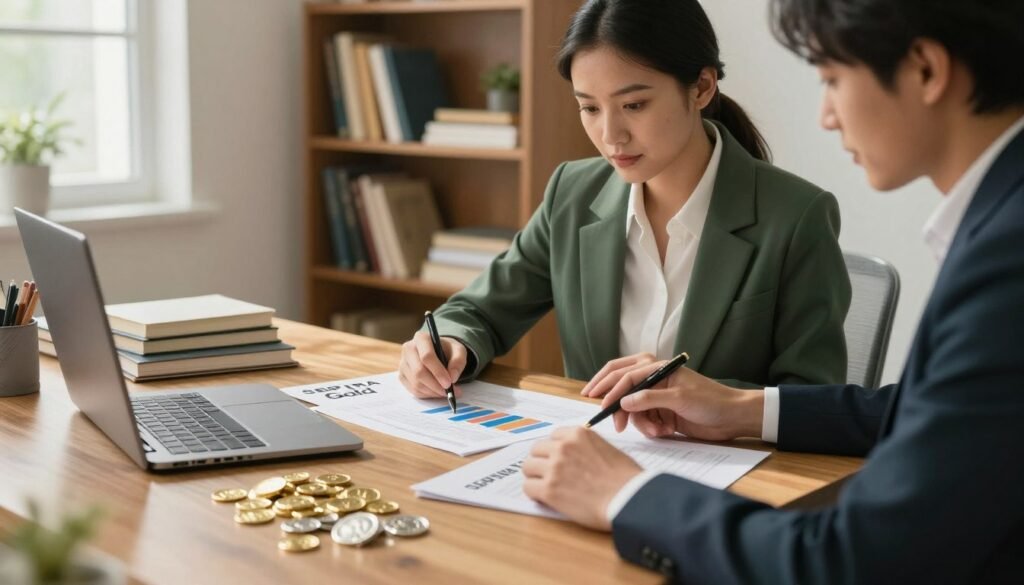 A well-organized home office setting filled with symbols of self-employed retirement planning. In the foreground, a professional woman and man in business attire, intently discussing financial charts and a document marked 'SEP IRA Gold'. The middle ground features a wooden desk adorned with elegant gold coins and silver bullion, reflecting natural light. Behind, shelves filled with books on finance and investment, creating an inviting atmosphere. Soft, diffused lighting from a nearby window enhances the scene, creating a warm, focused ambiance. The composition emphasizes a sense of security and prosperity in self-employed retirement planning, complemented by a calm color palette of greens and golds. Deep focus, shot from a slightly elevated angle, conveys depth and professionalism.