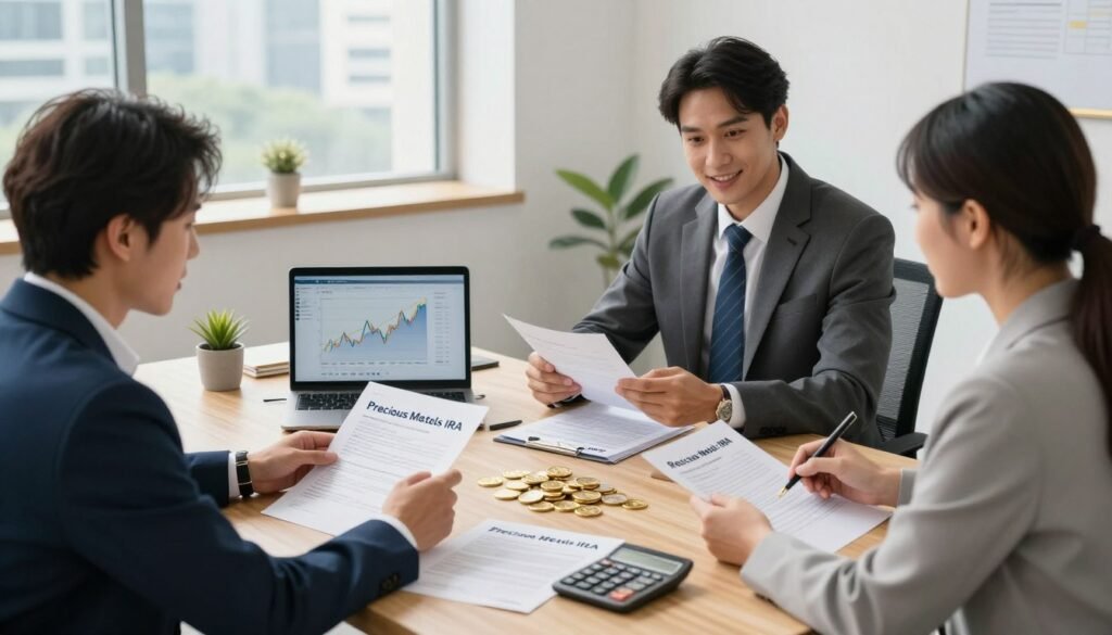 An organized and professional setup process for establishing a Precious Metals IRA in a bright, modern office environment. In the foreground, a diverse group of three business professionals, two men in smart suits and one woman in a tailored blazer, are engaged in discussion while reviewing paperwork and a laptop displaying financial graphs. In the middle ground, a large wooden desk is cluttered with gold and silver bullion coins, IRA documents, and a calculator, symbolizing the process of funding the account. The background features a window with natural light streaming in, highlighting a cityscape view. The atmosphere is focused and optimistic, reflecting the significance of planning for a tax-free retirement. Soft, even lighting enhances the professionalism of the scene, captured with a slightly wide-angle lens to include all details. An organized and professional setup process for establishing a Precious Metals IRA in a bright, modern office environment. In the foreground, a diverse group of three business professionals, two men in smart suits and one woman in a tailored blazer, are engaged in discussion while reviewing paperwork and a laptop displaying financial graphs. In the middle ground, a large wooden desk is cluttered with gold and silver bullion coins, IRA documents, and a calculator, symbolizing the process of funding the account. The background features a window with natural light streaming in, highlighting a cityscape view. The atmosphere is focused and optimistic, reflecting the significance of planning for a tax-free retirement. Soft, even lighting enhances the professionalism of the scene, captured with a slightly wide-angle lens to include all details.