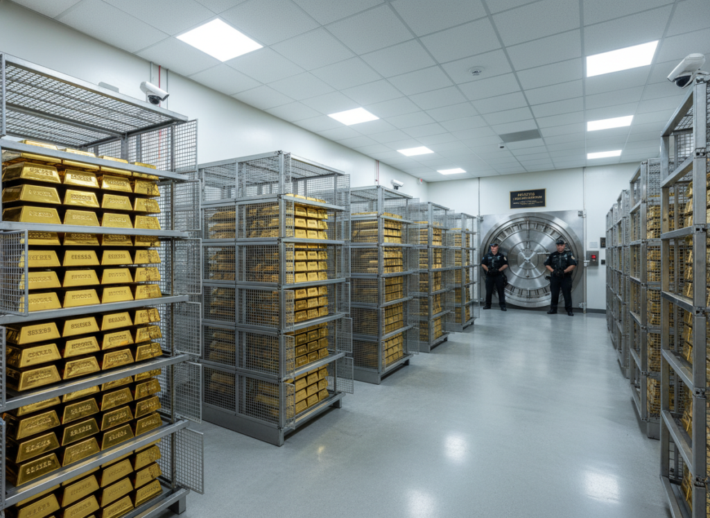 Augusta Precious Metals' secure storage facility showing gold bars in organized vault storage
