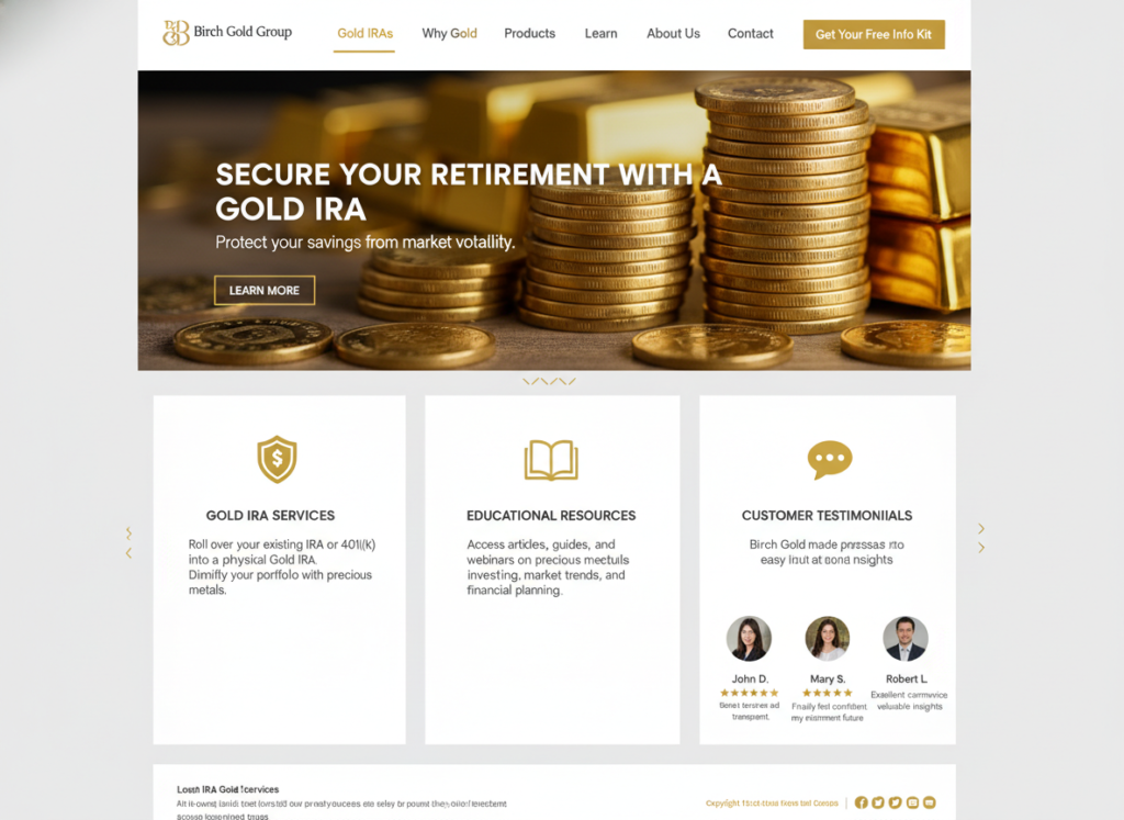 Birch Gold Group's website showing their gold IRA services and educational resources