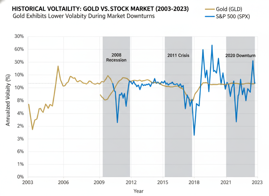 Chart showing historical volatility comparison between gold vs stocks in retirement portfolios up late 2025 or 2026 start