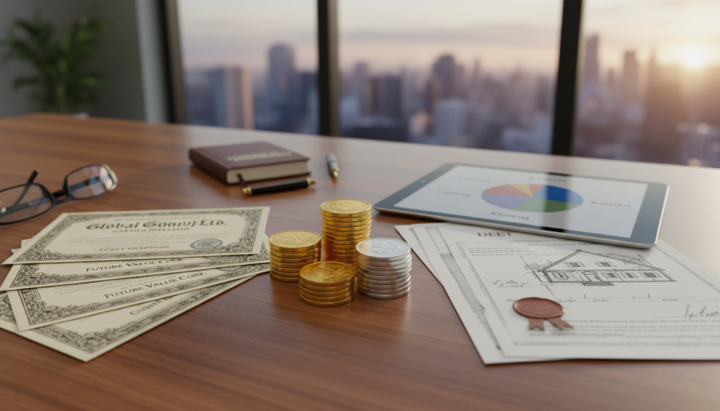 Diverse portfolio of retirement investments including gold coins, stocks certificates, and real estate