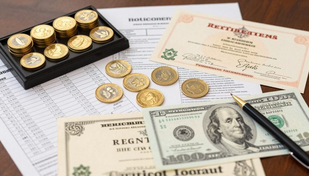 Diverse retirement portfolio including gold coins alongside traditional investments