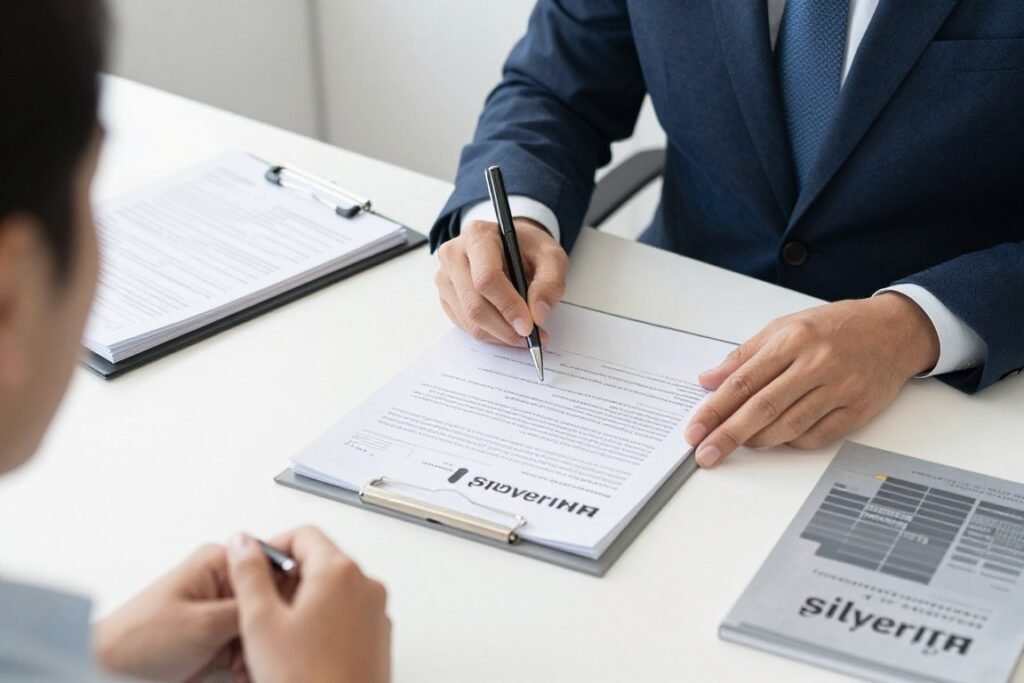 Financial advisor helping client with Silver IRA paperwork