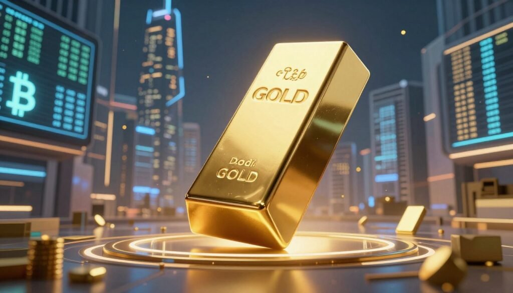 Futuristic financial district with gold rising above digital currencies, showing how gold preserves value in modern times