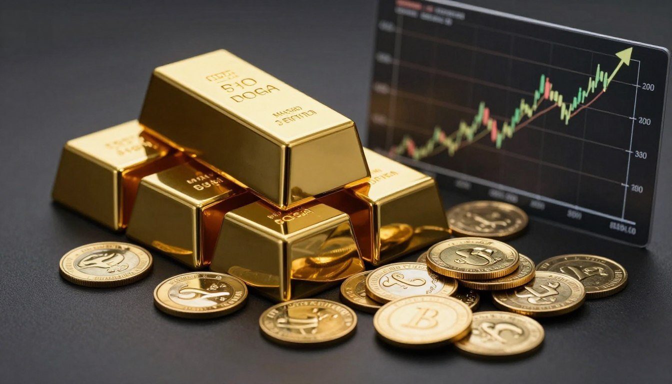 Gold bars and coins with financial charts showing gold price trends