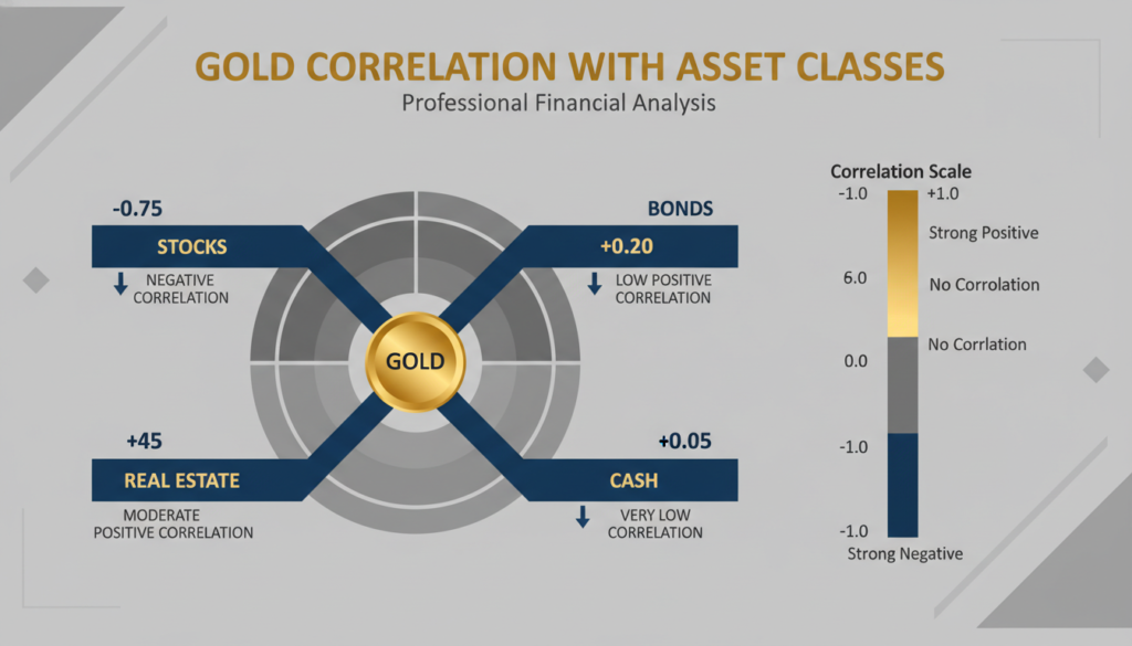 Gold correlation chart showing relationship with stocks, bonds, and other assets