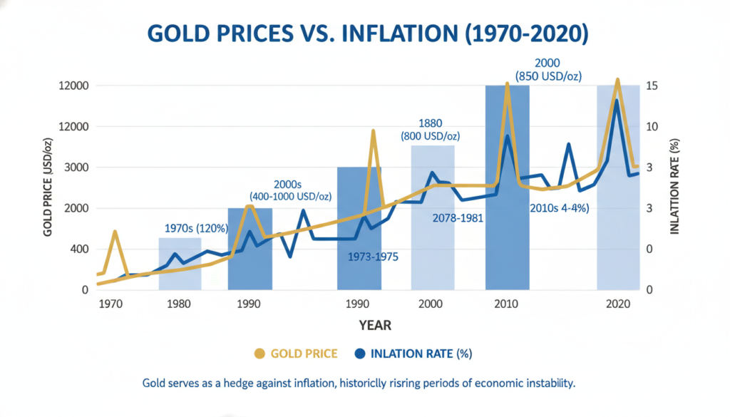 Graph showing gold price rising against inflation rates over decades, demonstrating how gold preserves value
