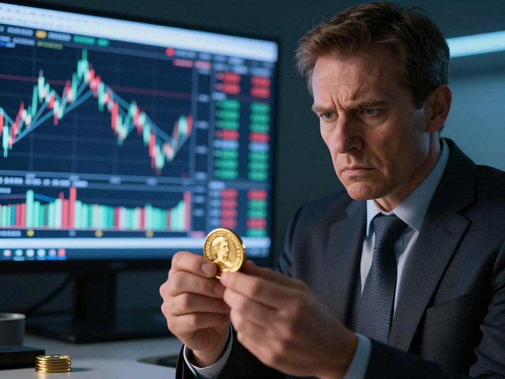 Investor examining gold coins during economic uncertainty