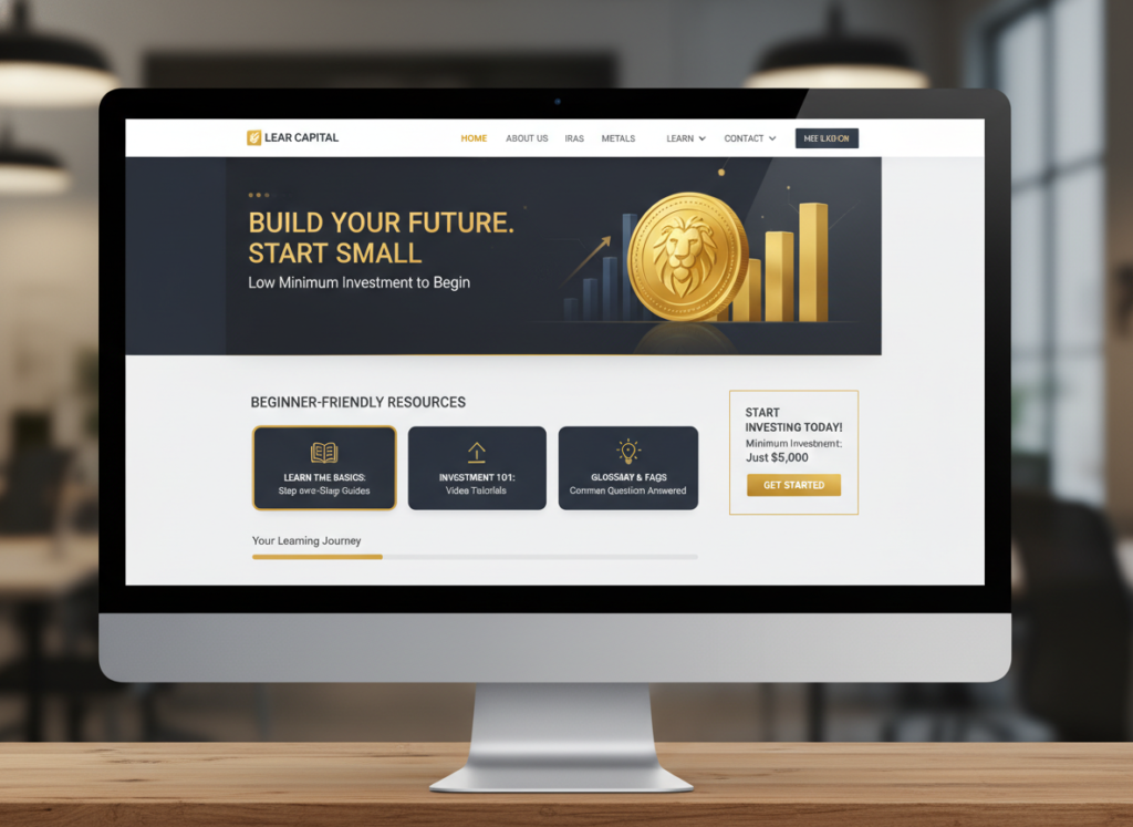 Lear Capital's website showing their low minimum investment requirements and beginner-friendly resources