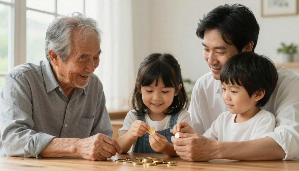 Multi-generational family examining gold coins, symbolizing how gold preserves value across generations