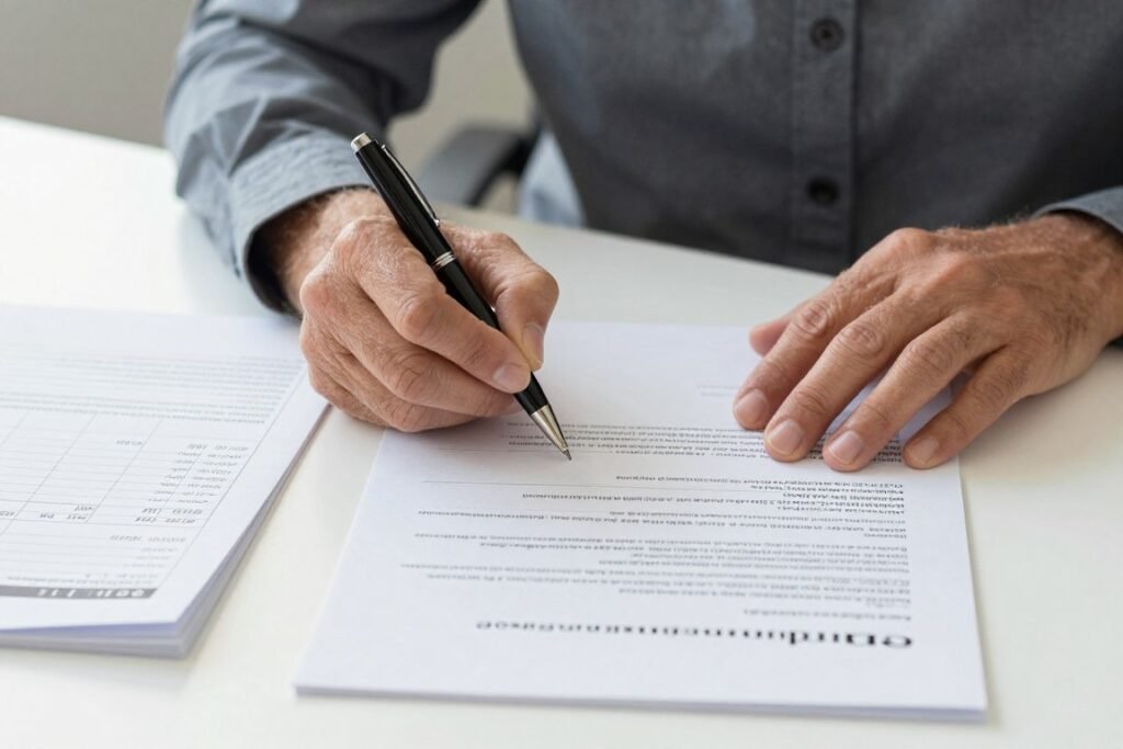 Person signing Gold IRA setup documents with fee schedule visible