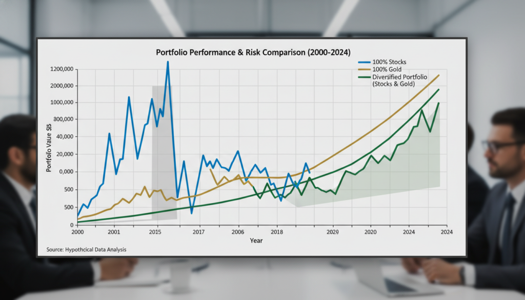 Portfolio diversification chart showing gold vs stocks in retirement allocation strategies