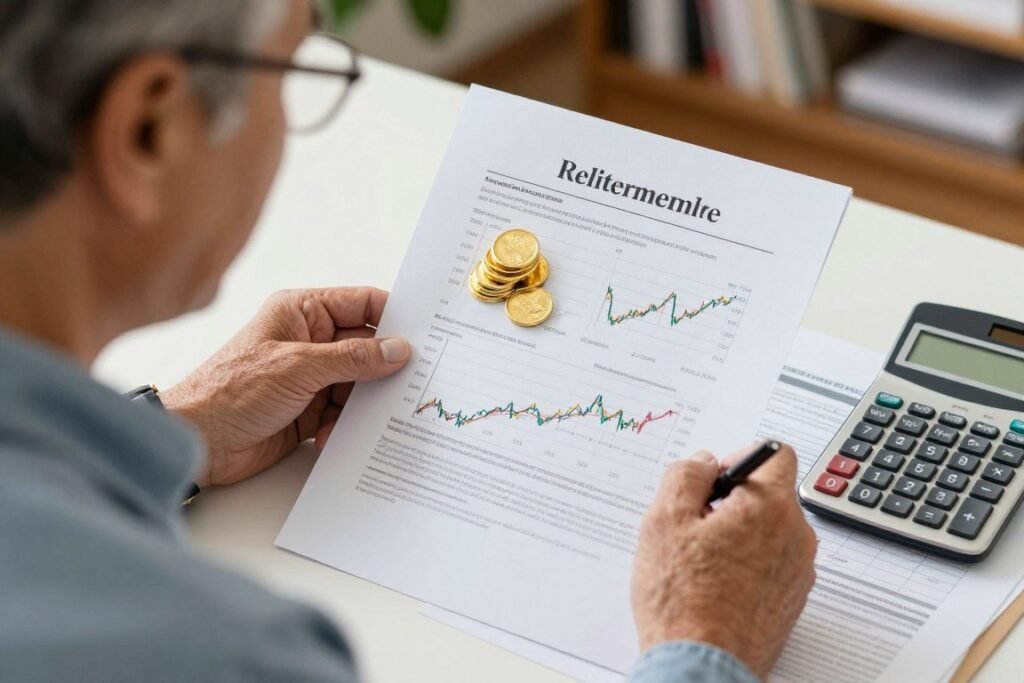 Retirement investor reviewing gold vs stocks performance charts for long-term planning
