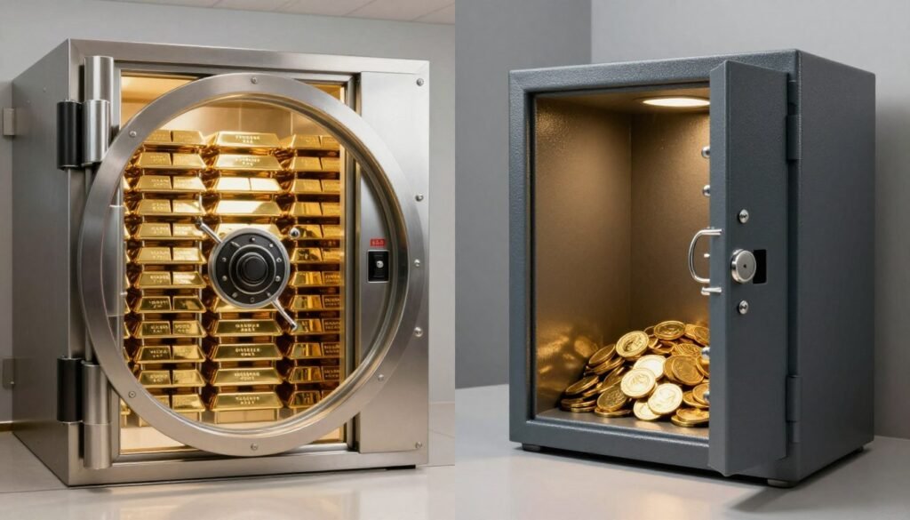 Secure gold storage comparison showing IRA depository vault and home safe options for Gold IRA vs Physical Gold Secure gold storage comparison showing IRA depository vault and home safe options for Gold IRA vs Physical Gold