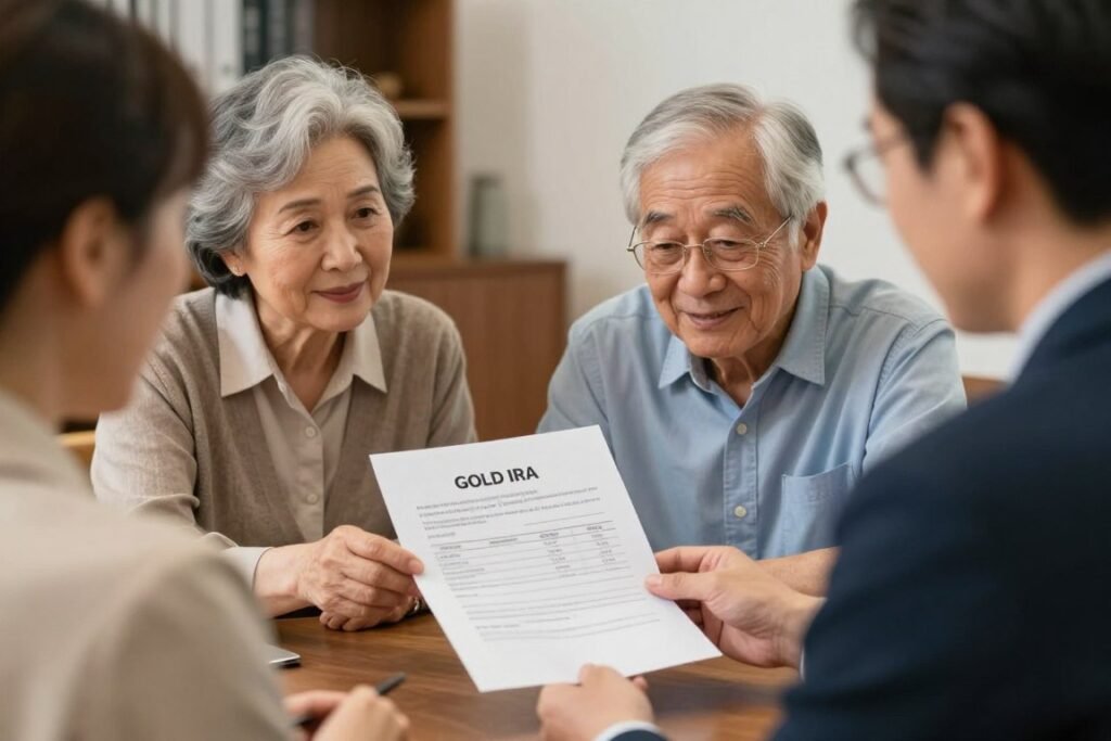 Senior couple reviewing Gold IRA distribution options and associated fees