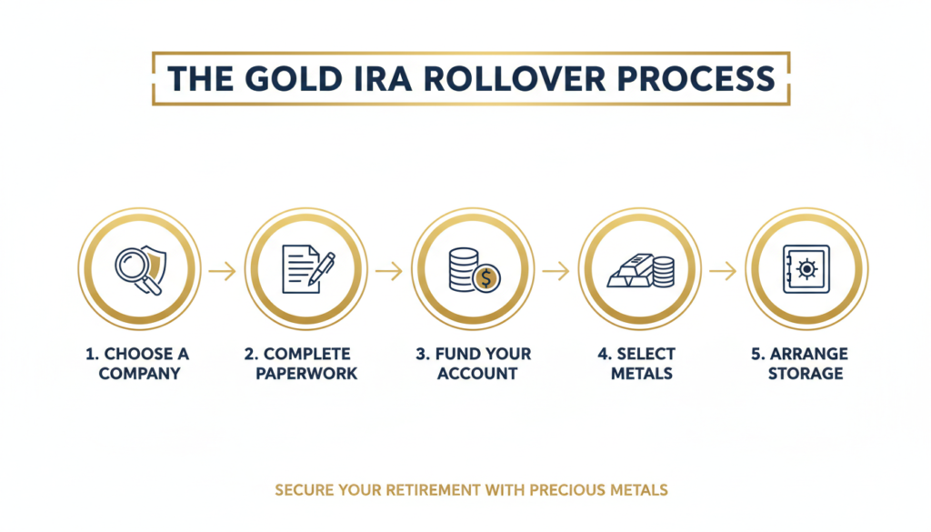 Step-by-step process of opening a Gold IRA showing paperwork, funding, and selection of metals
