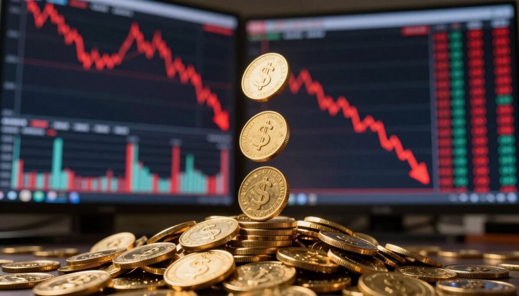 Stock market crash screens with gold coins rising above the chaos, showing how gold preserves value during volatility