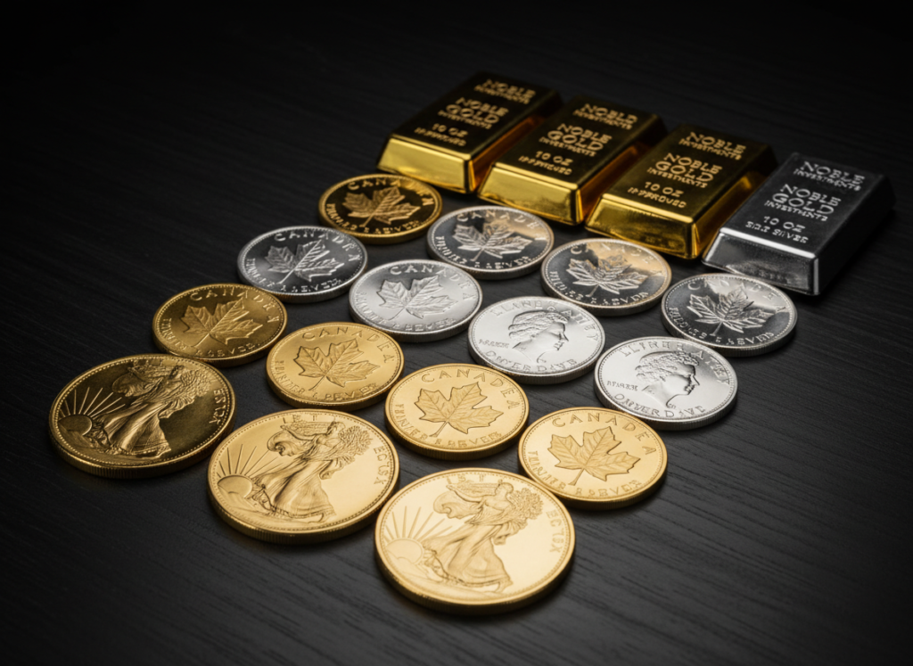 Various IRS-approved gold and silver bullion coins and bars offered by Noble Gold Investments