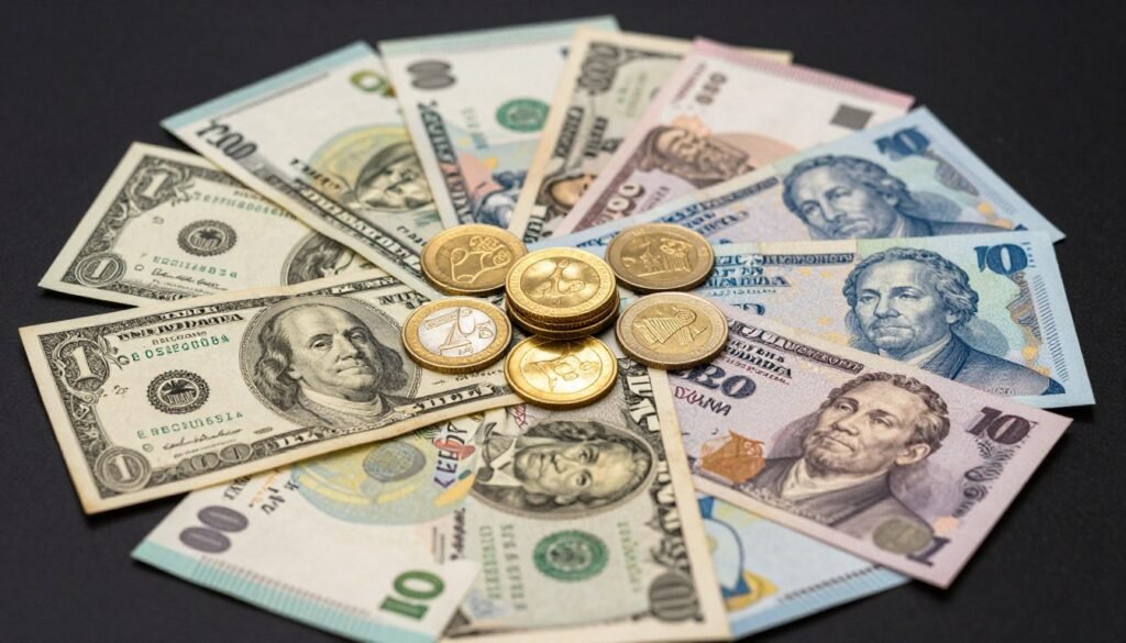 World currencies fading with gold coins remaining bright, illustrating how gold preserves value against currency devaluation