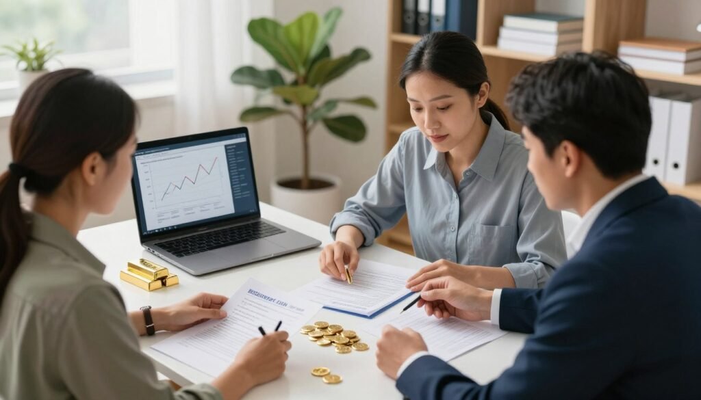 A detailed illustration of the gold IRA rollover process, focusing on a professional financial advisor guiding a diverse couple through their options. In the foreground, the couple, dressed in smart casual attire, are attentively reviewing documents and gold coins on a sleek modern table. The middle ground features a desk with a laptop open displaying a graph of gold price trends, along with a small gold bullion bar and a retirement plan brochure. The background showcases a bright and inviting office environment with plants and financial literature on shelves, creating a warm yet professional atmosphere. Soft, natural lighting illuminates the scene, highlighting the couple's engaged expressions. Use a slightly elevated angle to capture the interaction and surroundings effectively, enhancing the informative and supportive mood of the financial discussion. A detailed illustration of the gold IRA rollover process, focusing on a professional financial advisor guiding a diverse couple through their options. In the foreground, the couple, dressed in smart casual attire, are attentively reviewing documents and gold coins on a sleek modern table. The middle ground features a desk with a laptop open displaying a graph of gold price trends, along with a small gold bullion bar and a retirement plan brochure. The background showcases a bright and inviting office environment with plants and financial literature on shelves, creating a warm yet professional atmosphere. Soft, natural lighting illuminates the scene, highlighting the couple's engaged expressions. Use a slightly elevated angle to capture the interaction and surroundings effectively, enhancing the informative and supportive mood of the financial discussion.
