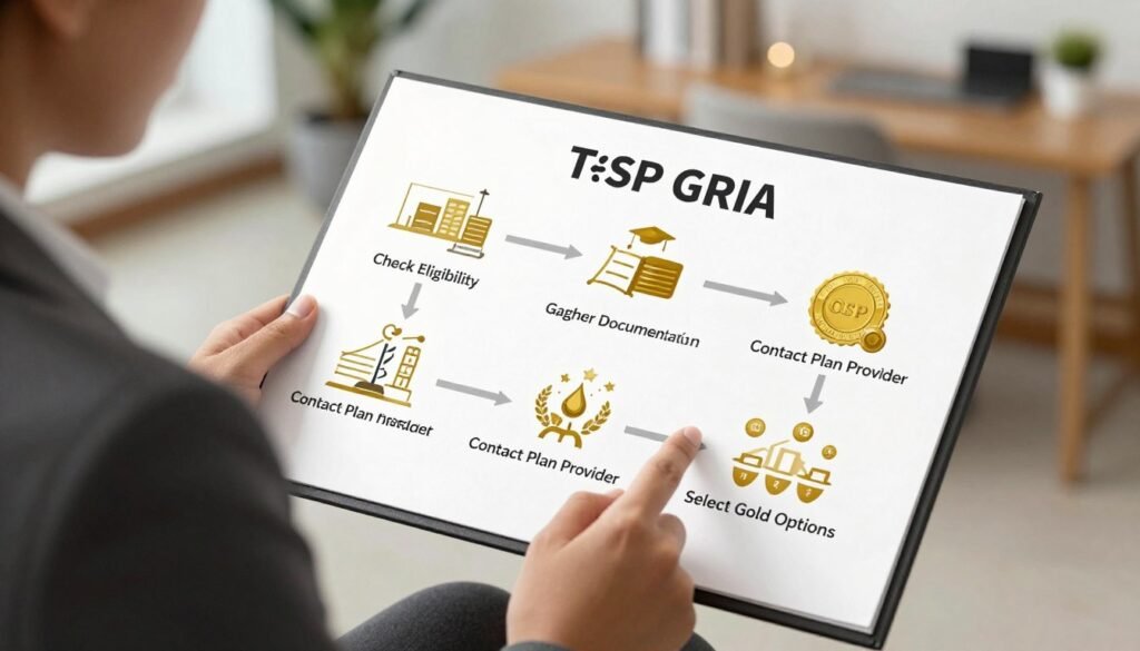 A detailed step-by-step guide illustrating the conversion of a TSP to a Gold IRA for retirement. The foreground features a professional-looking financial advisor in business attire, holding a clipboard with visual steps clearly laid out. In the middle, a large, detailed infographic displays key steps such as "Check Eligibility," "Gather Documentation," "Contact Plan Provider," and "Select Gold Options," designed with icons that reflect each action. The background is a modern office space with elegant decor, soft lighting illuminating the scene, creating a warm, inviting atmosphere. The angle is slightly overhead to capture both the advisor and infographic clearly. This composition evokes a sense of professionalism and trust in financial planning. A detailed step-by-step guide illustrating the conversion of a TSP to a Gold IRA for retirement. The foreground features a professional-looking financial advisor in business attire, holding a clipboard with visual steps clearly laid out. In the middle, a large, detailed infographic displays key steps such as "Check Eligibility," "Gather Documentation," "Contact Plan Provider," and "Select Gold Options," designed with icons that reflect each action. The background is a modern office space with elegant decor, soft lighting illuminating the scene, creating a warm, inviting atmosphere. The angle is slightly overhead to capture both the advisor and infographic clearly. This composition evokes a sense of professionalism and trust in financial planning.