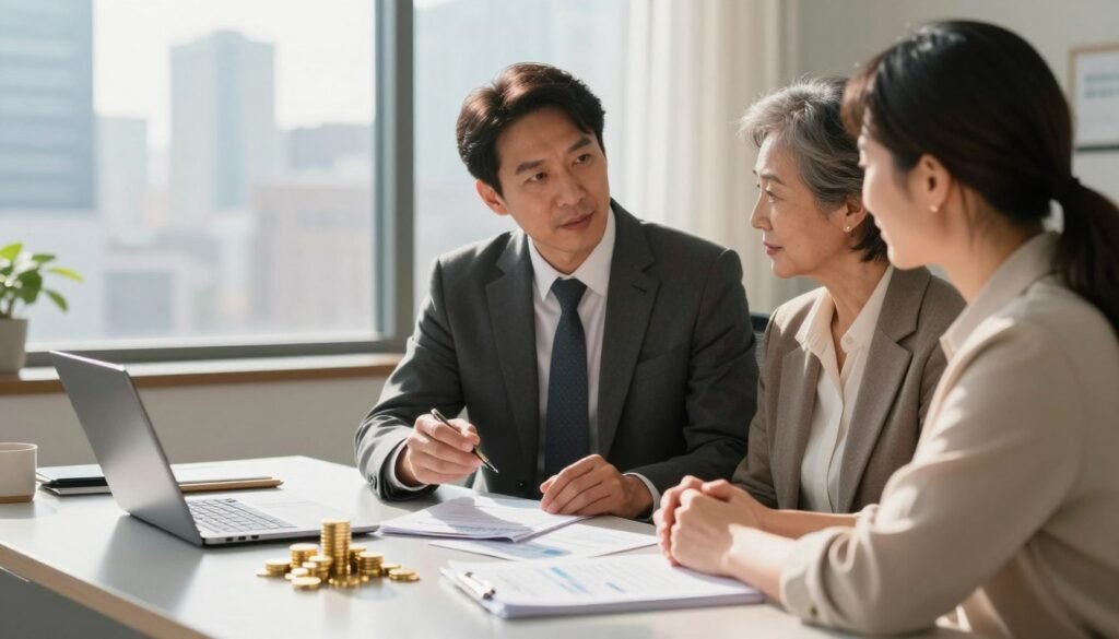 A professional financial advisor in a sharp business suit is seated at a sleek, modern desk piled with financial documents and a laptop. The advisor is intently discussing gold IRA strategies with a middle-aged couple, who are dressed in smart casual attire, conveying a sense of trust and professionalism. The background features a large window with sunlight filtering in, casting soft shadows, and a city skyline can be seen. A golden light reflects off a stack of gold coins on the desk, symbolizing investment in precious metals. The atmosphere is focused and serious yet optimistic, highlighting the importance of managing tax implications and avoiding penalties in retirement planning. The overall composition emphasizes collaboration and informed decision-making, with a warm and inviting color palette. A professional financial advisor in a sharp business suit is seated at a sleek, modern desk piled with financial documents and a laptop. The advisor is intently discussing gold IRA strategies with a middle-aged couple, who are dressed in smart casual attire, conveying a sense of trust and professionalism. The background features a large window with sunlight filtering in, casting soft shadows, and a city skyline can be seen. A golden light reflects off a stack of gold coins on the desk, symbolizing investment in precious metals. The atmosphere is focused and serious yet optimistic, highlighting the importance of managing tax implications and avoiding penalties in retirement planning. The overall composition emphasizes collaboration and informed decision-making, with a warm and inviting color palette.