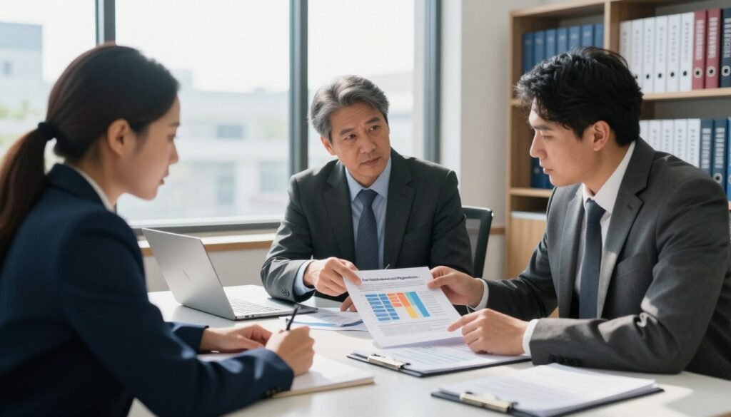 A professional office scene illustrating "Tax Implications and Regulations." In the foreground, a diverse group of three individuals in business attire discusses financial documents on a sleek conference table. One person, a middle-aged man, points at a chart showing tax brackets. The middle layer includes a large window with bright daylight streaming in, casting natural light that highlights the individuals and documents. In the background, shelves lined with finance books and tax guides create an authoritative ambiance. The overall mood is serious yet collaborative, reflecting the importance of understanding tax regulations in financial planning. The image conveys clarity and professionalism, with a focus on business elements. A professional office scene illustrating "Tax Implications and Regulations." In the foreground, a diverse group of three individuals in business attire discusses financial documents on a sleek conference table. One person, a middle-aged man, points at a chart showing tax brackets. The middle layer includes a large window with bright daylight streaming in, casting natural light that highlights the individuals and documents. In the background, shelves lined with finance books and tax guides create an authoritative ambiance. The overall mood is serious yet collaborative, reflecting the importance of understanding tax regulations in financial planning. The image conveys clarity and professionalism, with a focus on business elements.