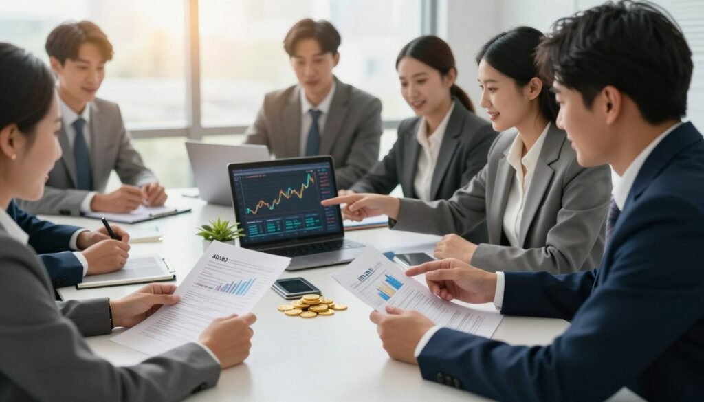 A professional office setting where a diverse group of individuals in business attire are gathered around a sleek conference table. In the foreground, one person is examining documents related to 401(k) investments while another points to a laptop showing a graph of gold market trends. In the middle, financial charts, gold coins, and a small plant add to the ambiance of wealth management. The background features a large window with soft natural light streaming in, giving a warm glow. The mood is focused and optimistic, reflecting a proactive approach to financial planning. The angle is slightly elevated, capturing both the intensity of the discussion and the visually engaging elements of the office environment. A professional office setting where a diverse group of individuals in business attire are gathered around a sleek conference table. In the foreground, one person is examining documents related to 401(k) investments while another points to a laptop showing a graph of gold market trends. In the middle, financial charts, gold coins, and a small plant add to the ambiance of wealth management. The background features a large window with soft natural light streaming in, giving a warm glow. The mood is focused and optimistic, reflecting a proactive approach to financial planning. The angle is slightly elevated, capturing both the intensity of the discussion and the visually engaging elements of the office environment.