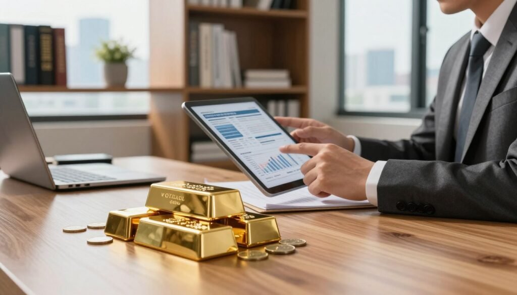 A sophisticated office setting with a sleek wooden desk in the foreground, showcasing a stack of physical gold bars and coins, reflecting high-value investment choices. To the side, a professional individual dressed in business attire examines a financial portfolio report on a tablet, symbolizing the process of diversifying a retirement portfolio with gold. The middle ground features a neatly arranged bookshelf with finance books and a decorative plant, enhancing the ambiance of prosperity and knowledge. The background reveals a large window displaying a bright city skyline, bathed in warm, natural light, creating an optimistic and secure atmosphere. The overall mood conveys a sense of financial empowerment and strategic planning. A sophisticated office setting with a sleek wooden desk in the foreground, showcasing a stack of physical gold bars and coins, reflecting high-value investment choices. To the side, a professional individual dressed in business attire examines a financial portfolio report on a tablet, symbolizing the process of diversifying a retirement portfolio with gold. The middle ground features a neatly arranged bookshelf with finance books and a decorative plant, enhancing the ambiance of prosperity and knowledge. The background reveals a large window displaying a bright city skyline, bathed in warm, natural light, creating an optimistic and secure atmosphere. The overall mood conveys a sense of financial empowerment and strategic planning.