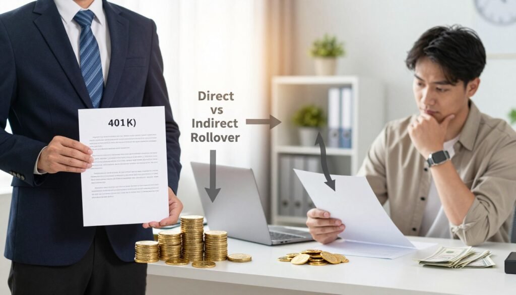 A split composition illustrating the concept of "Direct vs Indirect Rollover Methods" for retirement accounts. In the foreground, on the left, a professional person in business attire stands confidently with a stack of gold coins and a 401(k) document, symbolizing the direct rollover. On the right, a thoughtful individual in modest casual clothing sits at a desk, examining a paper with arrows indicating the indirect rollover process, alongside a small pile of gold and cash. The middle features a subtle, transparent diagram depicting both methods with arrows connecting the elements. The background includes a bright, modern office setting with soft, warm lighting, creating an inviting atmosphere that conveys professionalism and financial clarity. A split composition illustrating the concept of "Direct vs Indirect Rollover Methods" for retirement accounts. In the foreground, on the left, a professional person in business attire stands confidently with a stack of gold coins and a 401(k) document, symbolizing the direct rollover. On the right, a thoughtful individual in modest casual clothing sits at a desk, examining a paper with arrows indicating the indirect rollover process, alongside a small pile of gold and cash. The middle features a subtle, transparent diagram depicting both methods with arrows connecting the elements. The background includes a bright, modern office setting with soft, warm lighting, creating an inviting atmosphere that conveys professionalism and financial clarity.