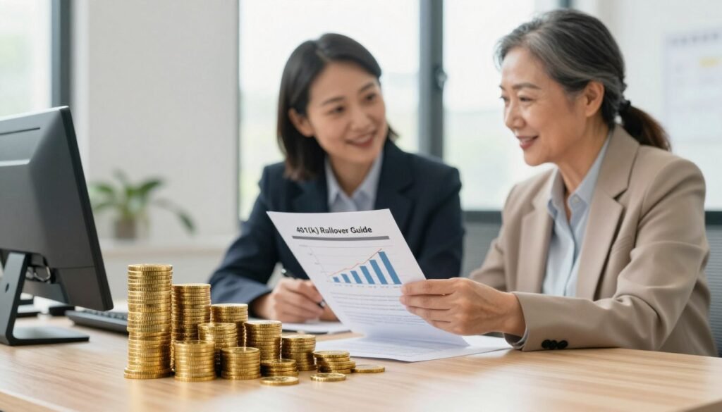 A well-organized office setting featuring a middle-aged professional couple in smart casual attire discussing retirement options over a desk. In the foreground, a stack of coins made of gold, gleaming under a warm light, symbolizes the concept of a gold IRA rollover. In the middle ground, the couple is examining a document labeled "401(k) Rollover Guide," with charts illustrating investment growth and diversification. The background showcases a large window that allows soft, natural light to illuminate the room, hinting at a bright future. The overall mood is optimistic and informative, highlighting the importance of financial planning with an emphasis on gold investments. A well-organized office setting featuring a middle-aged professional couple in smart casual attire discussing retirement options over a desk. In the foreground, a stack of coins made of gold, gleaming under a warm light, symbolizes the concept of a gold IRA rollover. In the middle ground, the couple is examining a document labeled "401(k) Rollover Guide," with charts illustrating investment growth and diversification. The background showcases a large window that allows soft, natural light to illuminate the room, hinting at a bright future. The overall mood is optimistic and informative, highlighting the importance of financial planning with an emphasis on gold investments.